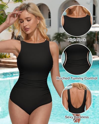 SUUKSESS Women Sexy One piece Tummy Control Swimsuit Ruched High Neck Slimming Swimwear 2025 Low Back Bathing Suit(Black,Large)