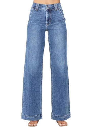 Astylish Women's Pants Wide Leg Jeans Woman Tummy High Waist Double Button Bootcut Trousers Stretchy Vintage Denim Jean Pants with Slanted Pockets Size 10 Sky Blue