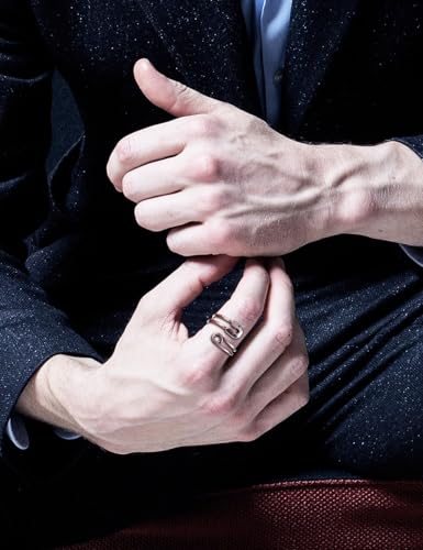 CH.yishi Handmade 925 Sterling Silver Ring Adjustable Stacking Ring Vintage Statement Ring Personalized Jewelry for Women & Men (Safety pin)