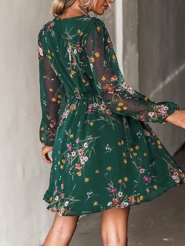 CUPSHE Women's Mini Dress Floral Print V Neck Long Peasant Sleeves Chiffon A-Line Flowy Short Dress Green, XL