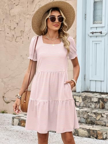 ANRABESS Women Summer Square Neck Puff Short Sleeve Mini Dress 2026 Casual Flowy Striped Sundress Beach Vacation Clothes with Pockets Pink Striped Large