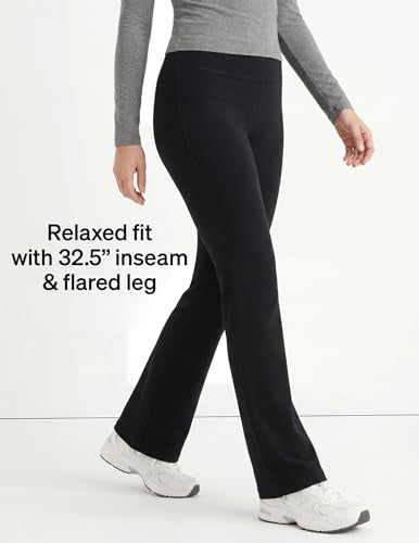 No nonsense Lounge Yoga Pants for Women, Black Flared Cotton Leggings, 32.5” Inseam, Wide Waistband, No Show Coverage, Relaxed Flare Leg, Black, X-Large
