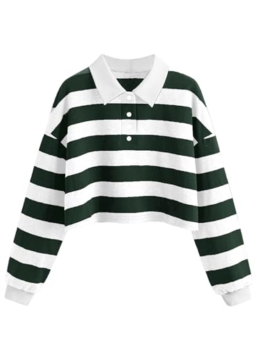 Natalie Winters Dress - Remidoo Women's Collared Half Button Long Sleeve Striped Crop Top Sweatshirt Green White