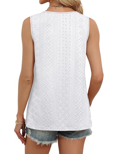 WIHOLL Tank Top for Women Trendy Flowy Beach Vacation Clothes Sleeveless Womens Summer Boho Tops Cruise Outfits Eyelet Dressy Casual Loose Fit White M