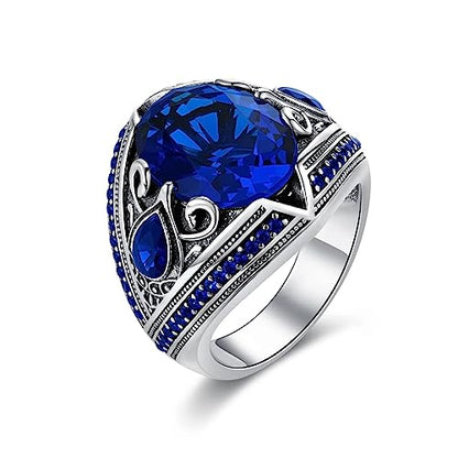 PYTALI Sapphire Ring for Men S925 Sterling Silver Vintage Pattern Oval Blue Sapphire 13 * 17mm Handmade for Men’s Ring Luxury Jewelry Gift Wedding Engagement Band (Non-Personalized, 10)