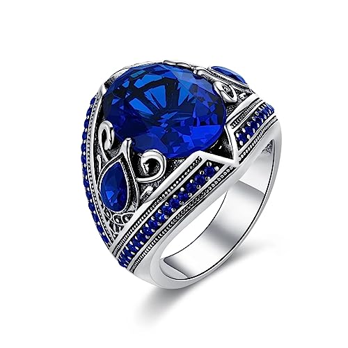 PYTALI Sapphire Ring for Men S925 Sterling Silver Vintage Pattern Oval Blue Sapphire 13 * 17mm Handmade for Men’s Ring Luxury Jewelry Gift Wedding Engagement Band (Non-Personalized, 10)