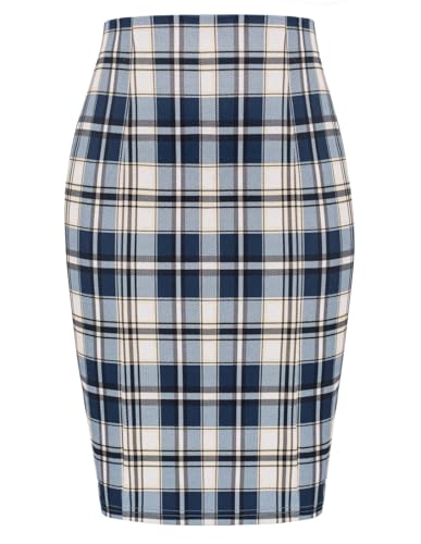 Kate Kasin Womens Pencil Skirt Knee Length Elastic Waist Stretchy Bodycon Business Plaid Skirt-Plaid Blue L