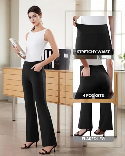 DLOODA Womens Dress Pants Stretchy Work Pants Business Casual Office Trousers Pull On Flare Slacks with 4 Pockets Black