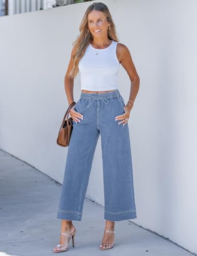 luvamia 26 Inch Inseam Womens Wide Leg Jeans Denim Pants for Women Denim Elastic Waist Pants for Women Cody Blue Medium Fits Size 8 / Size 10