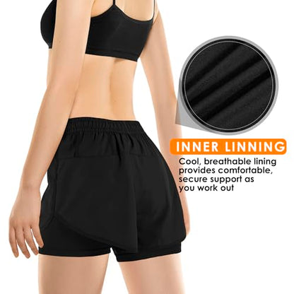 Yevrimow Women's 2 in 1 Running Shorts for Gym Yoga Workout Athletic Shorts High-Waisted Shorts with Liner Pockets Black-XXL