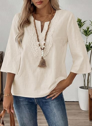 EVALESS Womens Tops Trendy 2026 Boho 3/4 Sleeve Embroidered Lace V Neck Business Work Blouses Dressy Casual Spring Fashion Outfits Parchment M