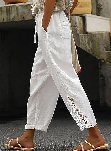 Acelitt Women's Casual Linen Pants Lightweight Drawstring Elastic Waist Spring Trendy Fashion 2026 Cropped Pants Trousers White XL