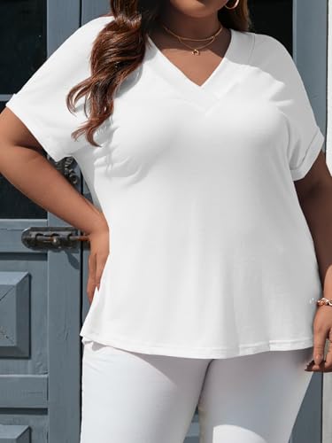 Beautife Womens Plus Size V Neck T Shirts Short Sleeve Summer Dressy Casual Tunic Tops Loose Fit Tees Blouse White