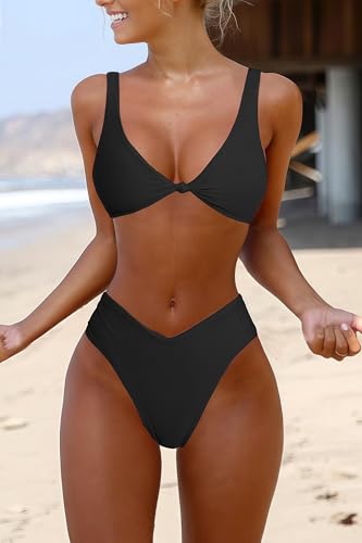 geluboao Womens Black Bikini Set High Waisted V Neck Swimsuit Sexy Kont Front Push Up Cheeky Brazilian Cut Thong Two Piece Bathing Suit M