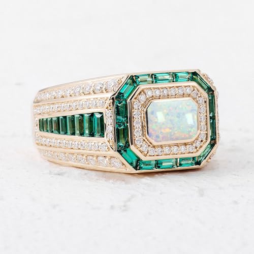 FYBIOD 10K 14K 18K Gold Men's Emerald Cut Opal Engagement Ring with Moissanites Luxury Design Opal Wedding Anniversary Ring for Men Husband Size 4-16