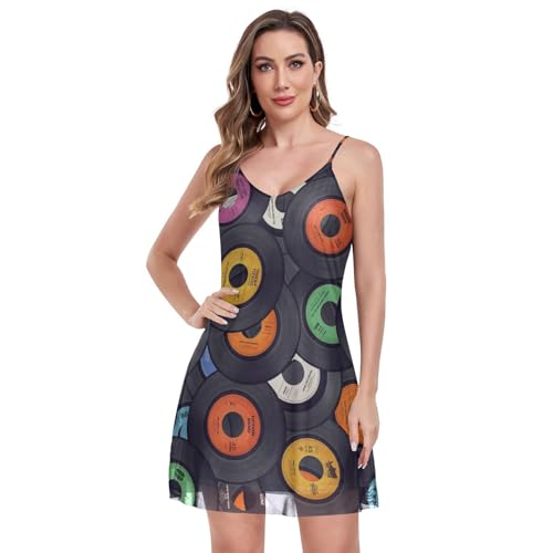 Women's Vinyl Records Print Summer Dress - Sleeveless Halter Sundress with Pockets XX-Large Multicoloured