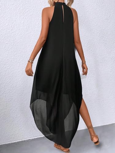 Verdusa Women's Wedding Guest Dress Halter Flowy Chiffon Asymmetrical Long Summer Prom Dress Black Medium