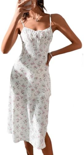 Sundresses - Floerns Women's Summer Split Thigh Spaghetti Strap Cami Midi Floral Dress White Flower