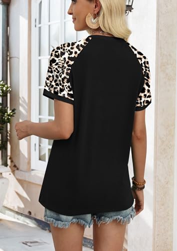 WIHOLL Womens Summer Tops Dressy Casual Blouses Spring Break Outfits Short Sleeve Shirts Crewneck Fashion Clothing Vacation Outfits Color Block Leopard Black L