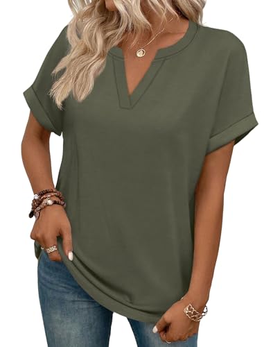 WIHOLL Womens Spring Tops 2026 Plus Size Summer Blouses Short Sleeve Tshirts Shirts Work Casual Holiday Outfits Fashion Clothing Army Green 2XL