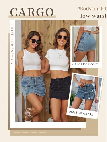 LOLILRSD Women Cargo Skirt Denim Mini Low Waist Y2K Jean Skirts with Pockets(LB,XL)