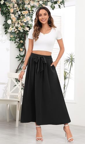 Askyes Womens Black Maxi Skirts Elastic High Waisted Tie Knot Casual Flowy Beach Boho Long Skirts with Pockets,L