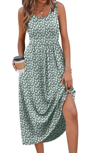 WIHOLL Casual Dresses for Women Sleeveless Scoop Neck Flowy Spring Midi Dresses for Women Sun Dress Beach Vacation Maxi Summer Dress Sundresses for Women 2026 Green Floral M
