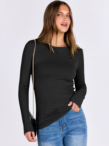 ANRABESS Women Long Sleeve Shirts Rib Knit Slim Fit Tops Basic Tee 2025 Fall Outfits Casual T-Shirt Underscrubs Layer Clothes Black Small