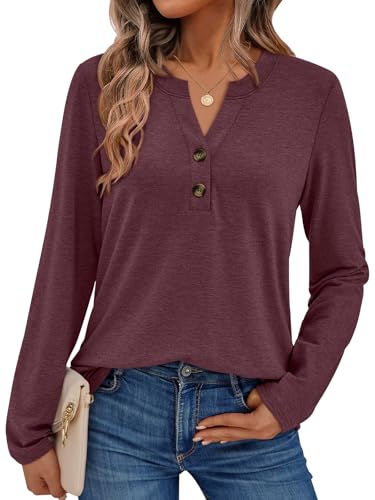 AUTOMET Long Sleeve Shirts for Women Blouses 2026 Spring Fashion Summer Tops Plus Size Dressy Casual Tops Trendy Henley Cute T Shirts Business Work Fall Outfits Clothes Wine M