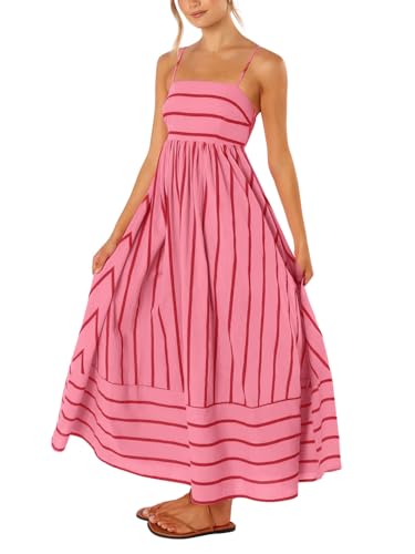 chouyatou Women's Striped Back Smocked Maxi Dress Sexy Spaghetti Strap Cut Out Flowy Swing Long Dress (Medium, Watermelon Red)