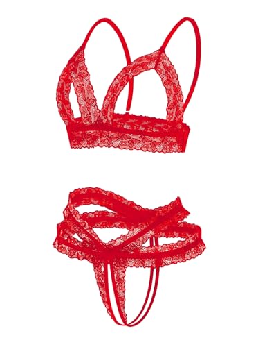 Avidlove Lace Lingerie Set for Women Sexy Cutout Matching Bra and Panty Sets 2 Piece Wireless Bralette Outfits Red L