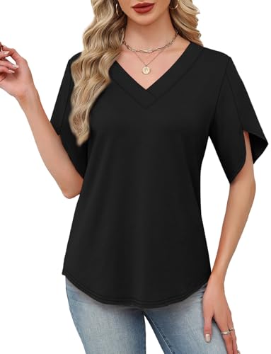 WIHOLL Womens Tops Short Sleeve Shirts Summer Outfits 2026 Blouses for Women Dressey Casual Cute Tops Beach Vacation Clothes Fashion Clothing Business Black XXL