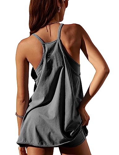 Zhiyouni Women's Summer Sleeveless Mini Dress V Neck Spaghetti Straps Athletic Built-in Shorts Sundress(Darkgrey-M)