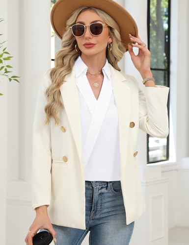 LOMON Womens Tops 3/4 Sleeve V Neck Collared Shirts Dressy Casual Blouses Business Casual Outfits Loose Fit Summer Clothes (White,L)