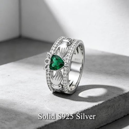 LYTTMAB Claddagh Ring For Men, Lab Created Green Emerald Sterling S925 Silver Irish Celtic Knot Ring Men's Wedding Band Promise Engagement Ring Size 9