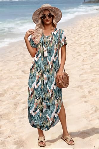 WIHOLL Hawaiian Dresses for Women Flower 2026 V Neck Swing Short Sleeve Dress Sundresses with Pockets M