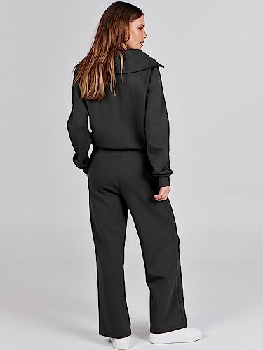 ANRABESS Women 2 Piece Outfits 2025 Fall Fashion Airport Wide Leg Pants Lounge Set Leisure Travel Vacation Clothes Sweatsuits Black Large