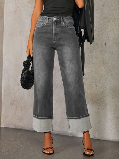 High Waisted Straight Leg Rolled Jeans Dark