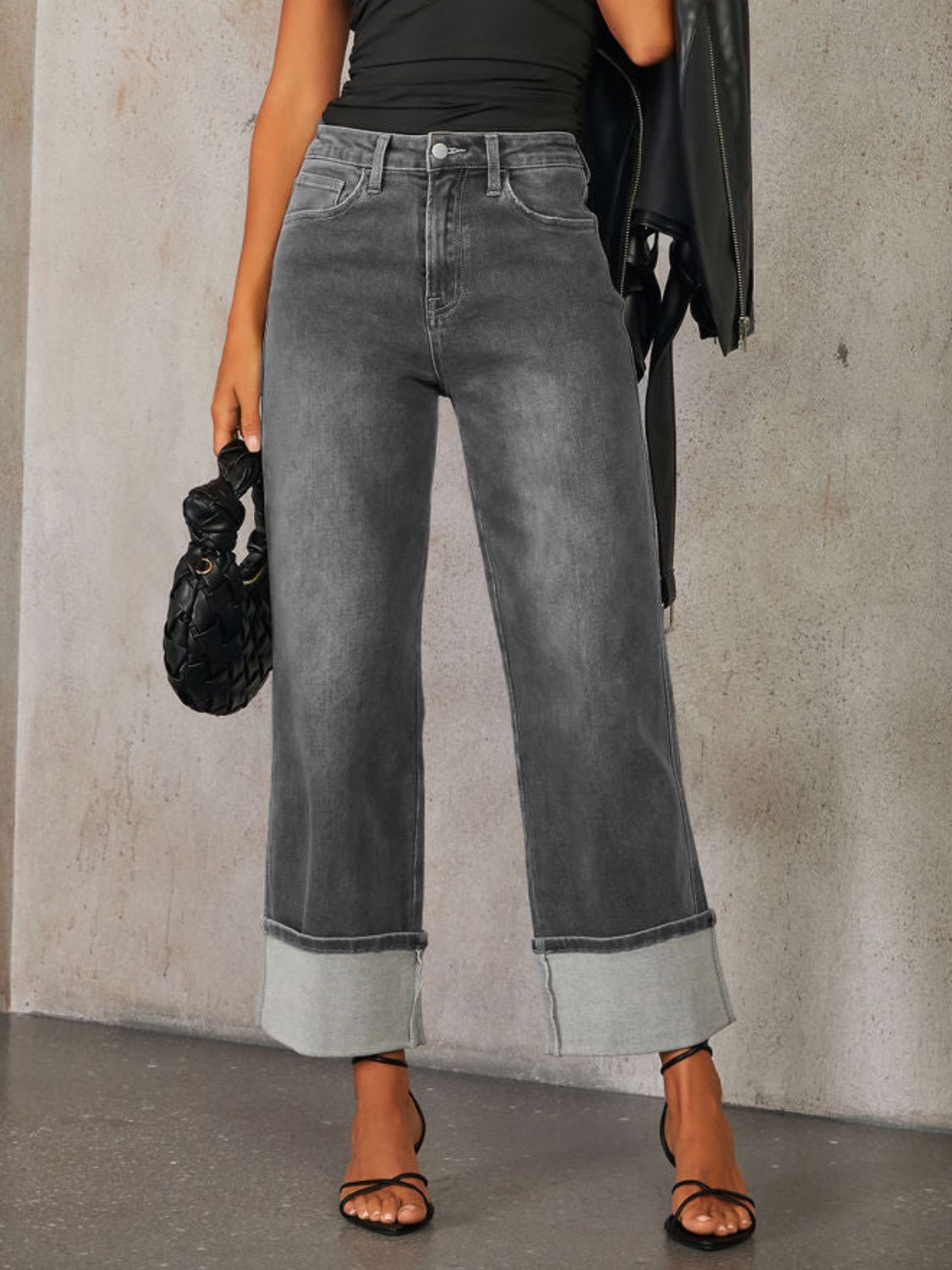 High Waisted Straight Leg Rolled Jeans Dark