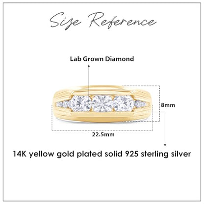 Men's 3-stone Anniversary Wedding Band Ring Round Lab Created Moissanite Channel Set Ring In 14K Yellow Gold Plated Sterling Silver Jewelry For Him (1.00 Cttw) Size 9