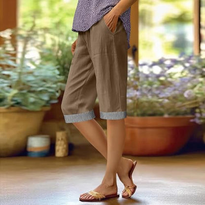 Women Cotton Linen Knee Length Capri Pants Dressy Lightweight Bermuda Shorts Drawstring Beach Vacation Slacks Trousers Brown