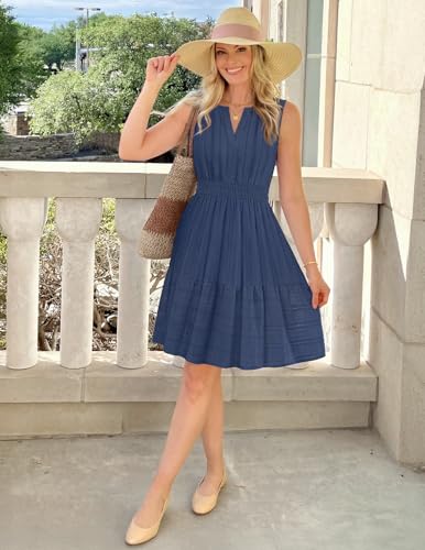 MEROKEETY Women's 2026 Summer Casual Mini Sundress Beach Vacation Sleeveless V Neck Flowy A Line Dress with Pockets, Navy, Medium