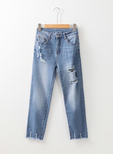 EVALESS Womens Jeans Stretchy High Waisted Pull On Ripped Distressed Jean Tummy Control Straight Ankle Denim Pants Sky Blue Size 8