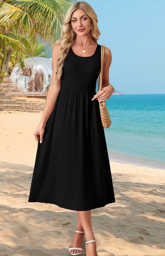 WIHOLL Black Dresses for Women Sleeveless Flowy Midi Dresses for Women Maxi Beach Vacation Spring Summer Dress Sundresses for Women Casual Wedding Guest Graduation Dress Solid Black S