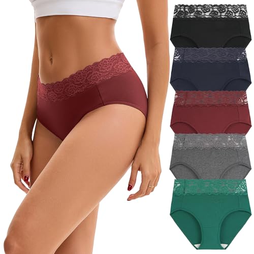 INNERSY Womens Cotton Underwear Lace Bikini Hipster Panties for Women High Waisted Ladies Briefs 5 Pack(Dark Vintage,X-Large)