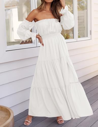ZESICA Women's Boho Off Shoulder Spring Long Sleeve Dress 2026 High Waist Side Split Sexy Flowy A Line Long Maxi Dresses White Medium