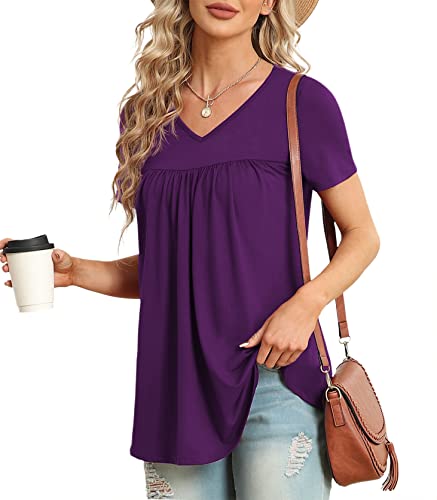 LAOLASI V Neck Short Sleeve Summer Soft Tops Shirt Hide Belly Daily Shirt Loose Plus Size Tunic Fashion Blouse,Purple,XXL