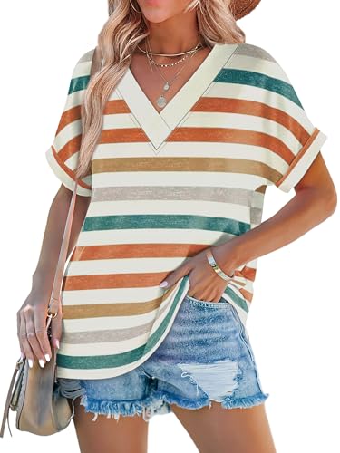 WIHOLL Plus Size Spring Clothes for Women 2026 Dressy Casual Short Sleeve Tops V Neck Shirts Business Beach Vacation Orange Stripes 2XL
