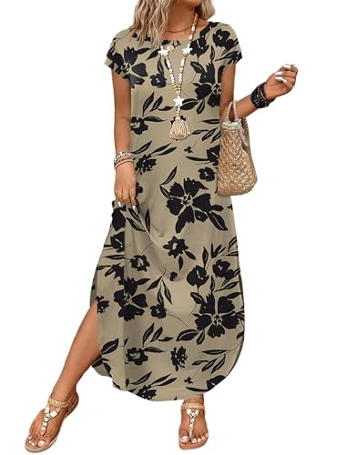 WIHOLL Cap Sleeve Crewneck Tshirts Maxi Dresses for Women 2026 Elegant Classy Floral Dress with Pockets Spring Dresses Work Teacher Outfits Vacation Resort Wear L