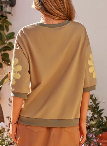 Dokotoo Khaki Sweatshirts for Women 2026 Casual Crewneck Summer Tops Plus Size Splicing 3/4 Sleeve Trendy Fashion Ribbed Knit Pullover Basic Tee X-Large